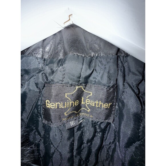Genuine Leather Black Belted Vintage Jacket Faux Fur Collar Coat Women SZ Small - Picture 6 of 14